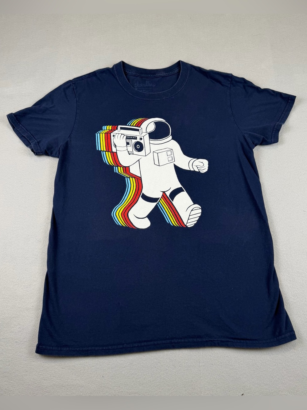 Threadless Navy Tee with White Astronaut and Rainbow Stripes